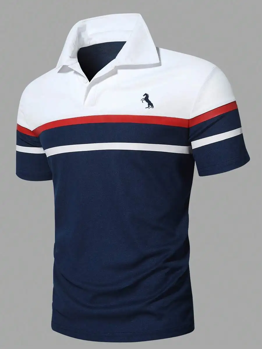

Men's Color Block Polo Shirt with Embroidered Horse Motif, Casual Sport Style