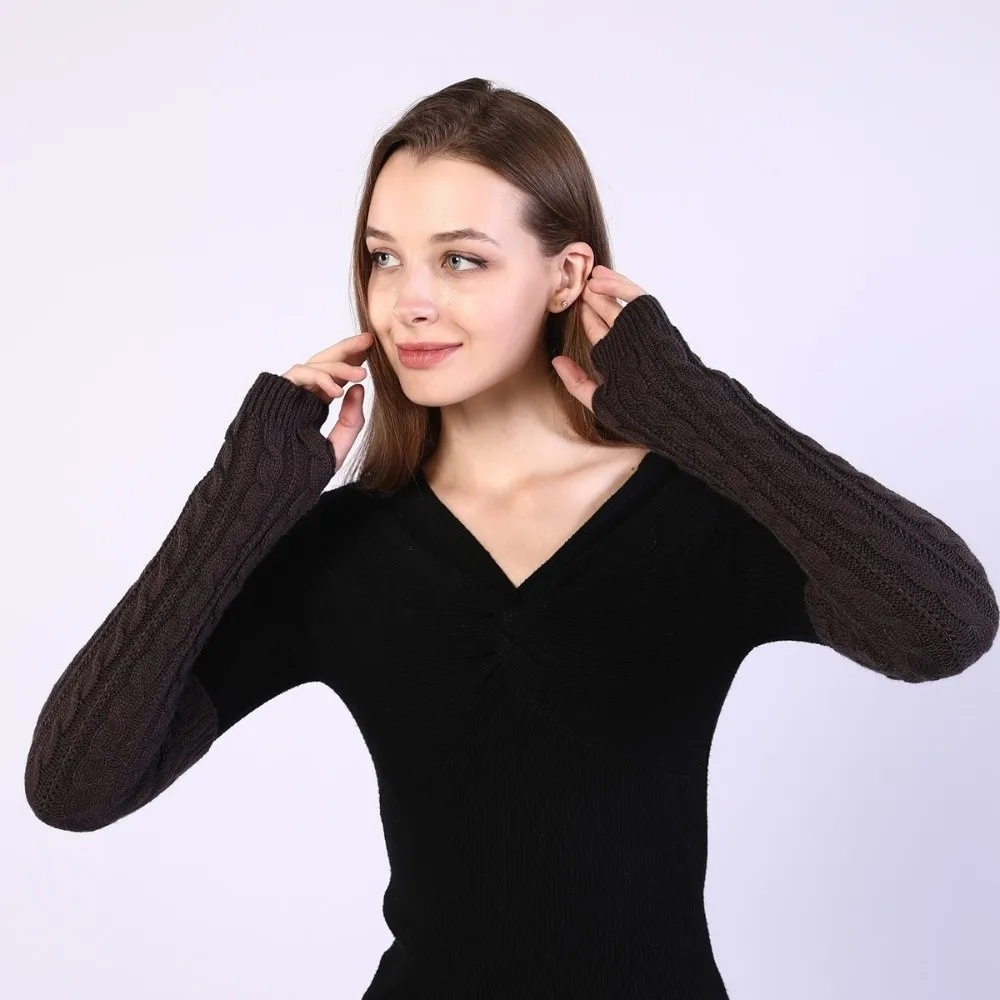 Casual Solid Color Fingerless Gloves Knit Black Hand Warmer Mittens Long Arm Wrist Sleeve Winter