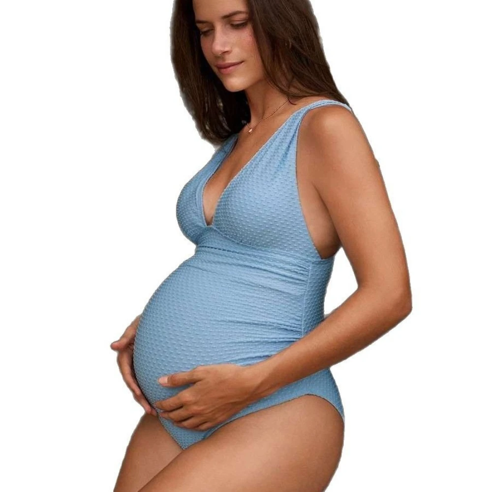 

Pregnant Bathing Suit One-Piece Swimsuit Light Blue Textured V-Neck Backless Tummy Control Swimsuit for Pregnant Women ES260318D