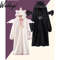 Kawaii Couple Pajamas Women's Winter Lolita Coral Fleece Thickened Fleece Nightgown Sweet Girl Large Size Nightdress Loungewear