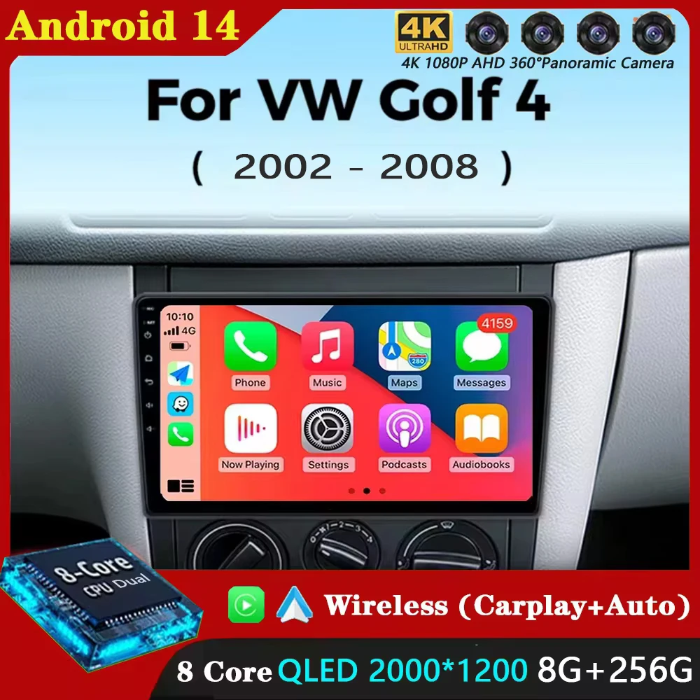 

Автомобильный радиоприемник Android 14 для Volkswagen VW Golf 4 IV 2002-2008 Jetta MK4 Classics Мультимедийный плеер Carplay GPS Авто Стерео DSP QLED