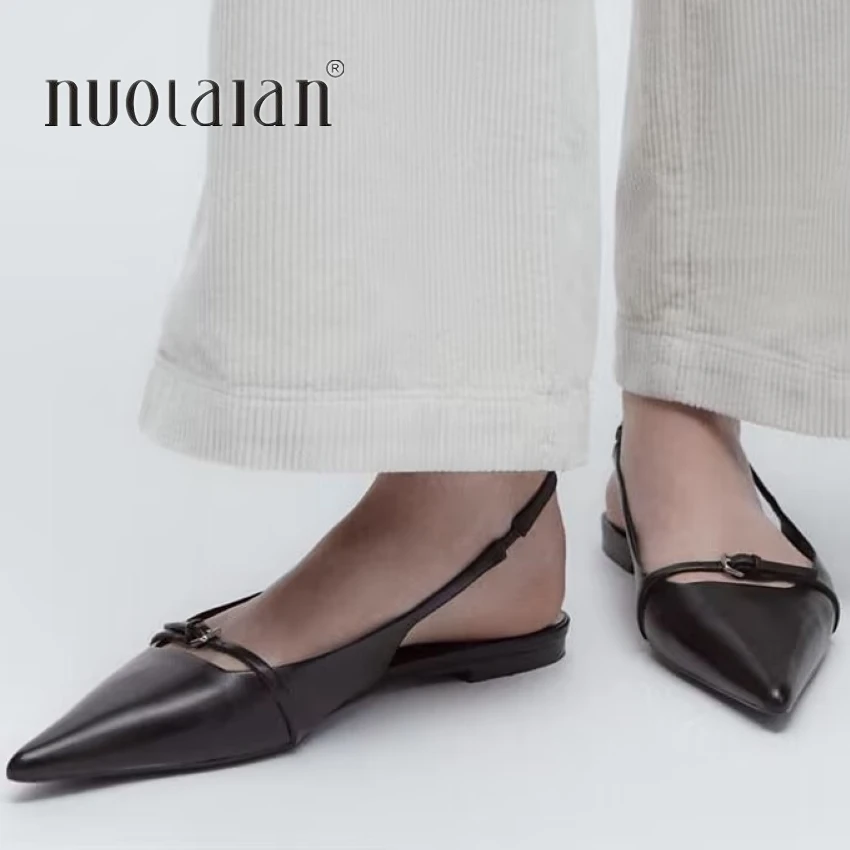 2023 NEW Women Black Flats Slingbacks Sexy Summer Fashion Pointed Toe Sandals Elegant Office Lady Flat Shoes Casual Flat Slides