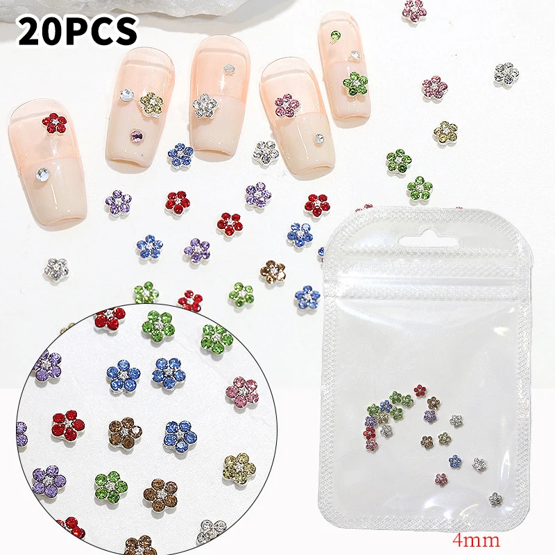 

20PCS 3D Sparkle Diamond Colored Five Petal Flowers Silver Alloy Nail Art Rhinestones Decorations Manicure Beautiful Charms