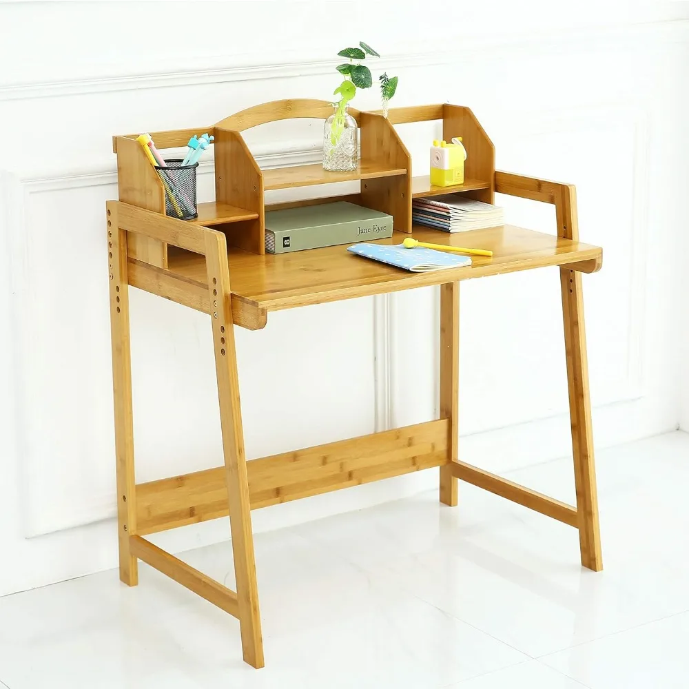 UNICOO-Altura ajustável Bambu Conjunto de Mesa e Cadeira para Crianças, Crianças Estudo Mesa e Cadeira Set, Natureza-01