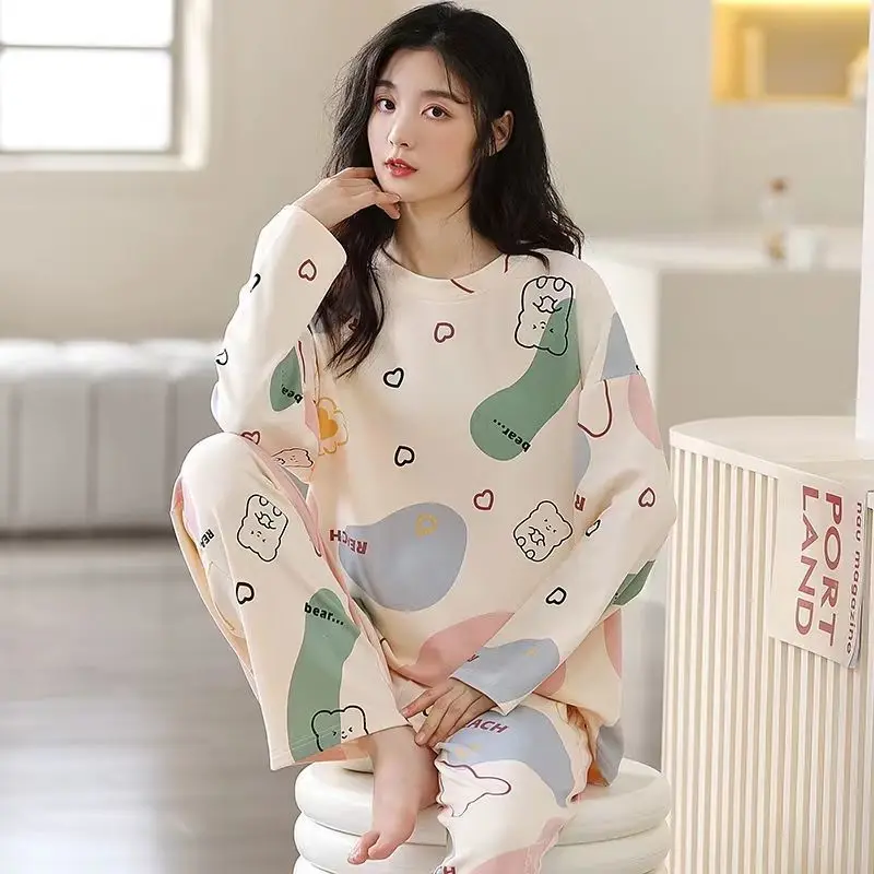 Spring and Autumn Ladies New Girly Cartoon Pajamas Long Sleeve Long Pants Extra Large Suit Autumn and Winter Home Clothes