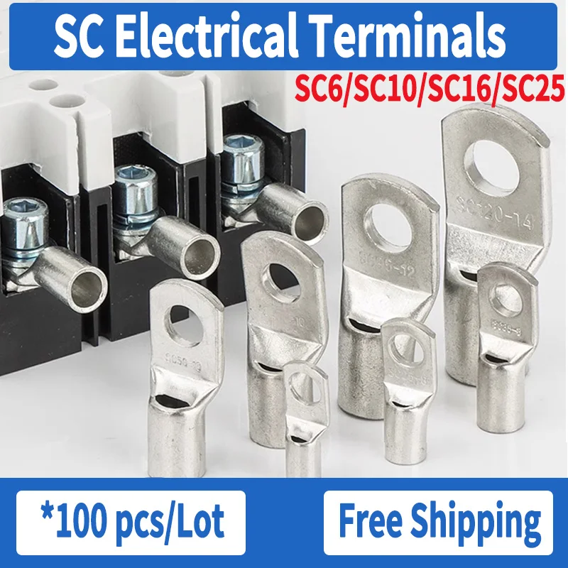 

100Pcs SC Type Wire Nose Terminal SC6 SC10 SC16 SC25 Copper Battery Block Lug Hole 6/8/10mm Crimp Cable Connecto Cable Connector