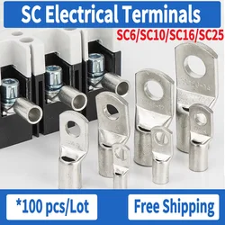 100Pcs SC 유형 와이어 노즈 터미널 SC6 SC10 SC16 SC25 구리 배터리 블록 러그 구멍 6/8/10mm 압착 케이블 Connecto 케이블 커넥터