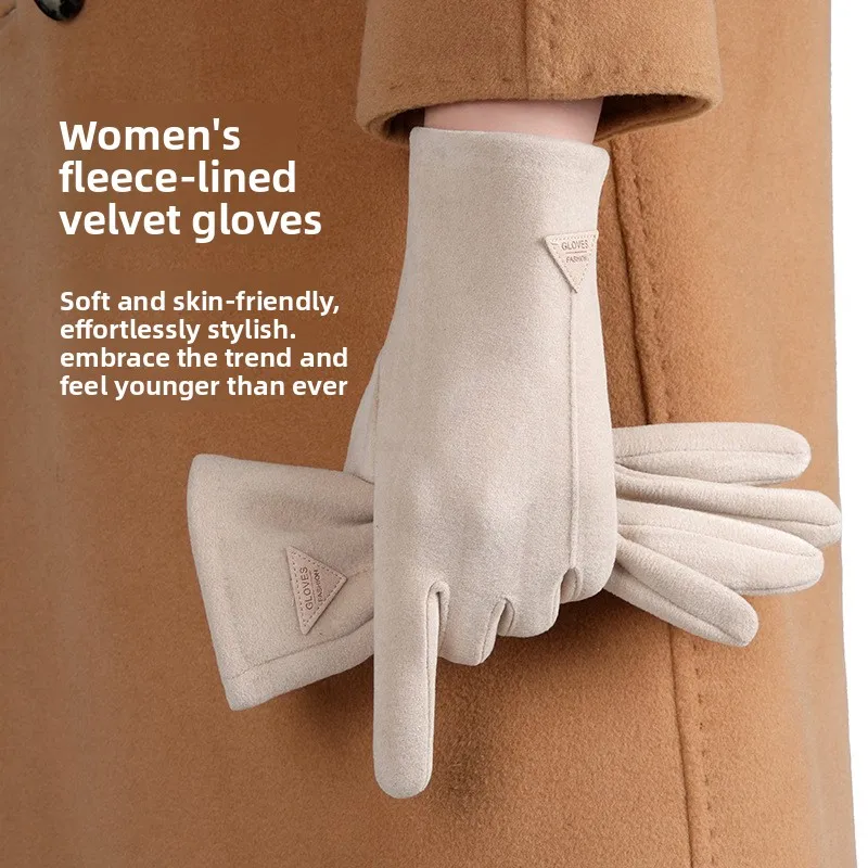 Warm Gloves Women Autumn Winter Fleece Thickened Touch Screen Windproof Cold Proof Outdoor Driving Cycling Skiing Running Sports