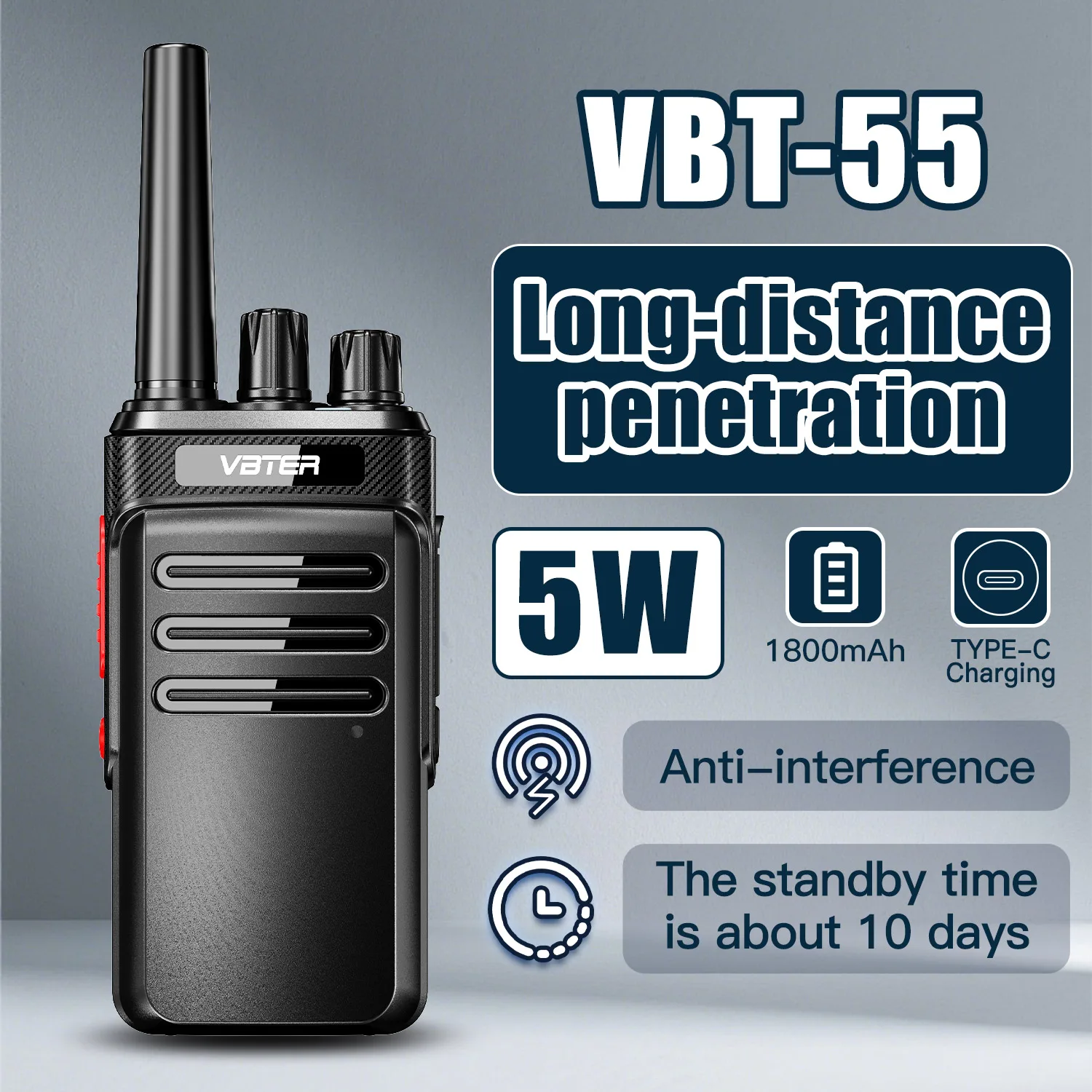 2 Walkie Talkies VBT-55 PMR446MHZ de Largo Alcance, Manos Libres, Recargables por USB, para Construcción, Hoteles y Exteriores