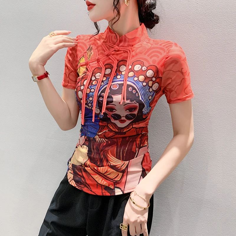 Summer Chinese Style T-shirts Women Mandarin Collar Short Sleeve Tassel Buttons Printing Mesh Tops TShirt For Female FF6869