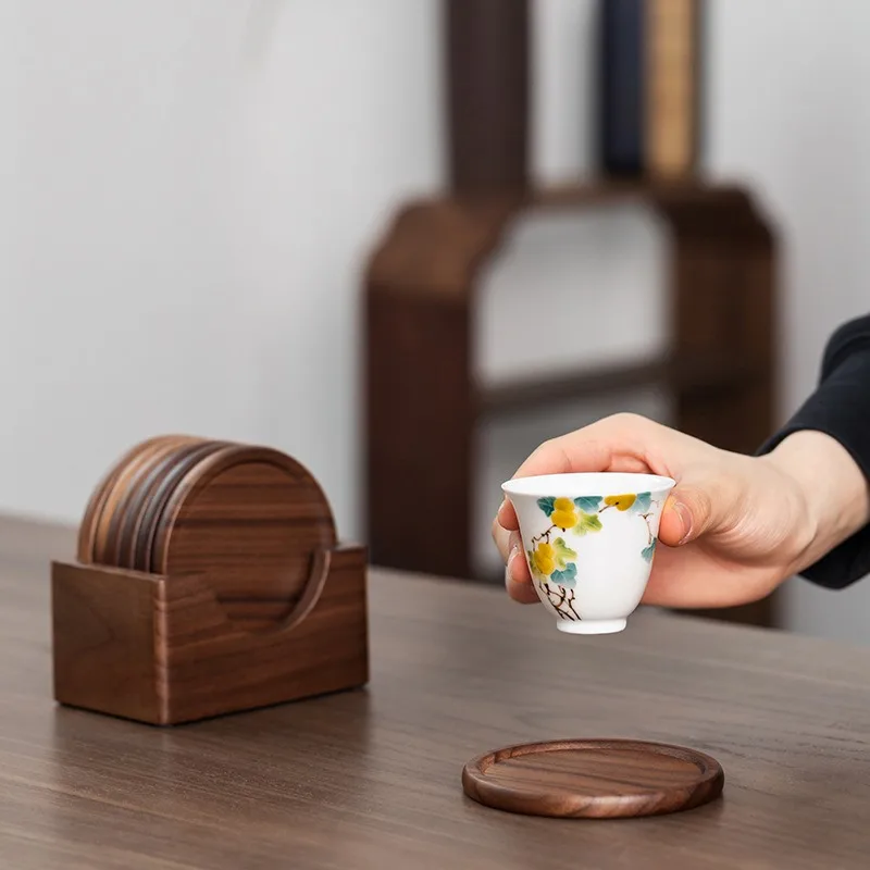 Walnut Wood Coasters w/ Holder - Round for Tea Ceremonies & Coffee, Stackable, Ideal Housewarming/Birthday Gift