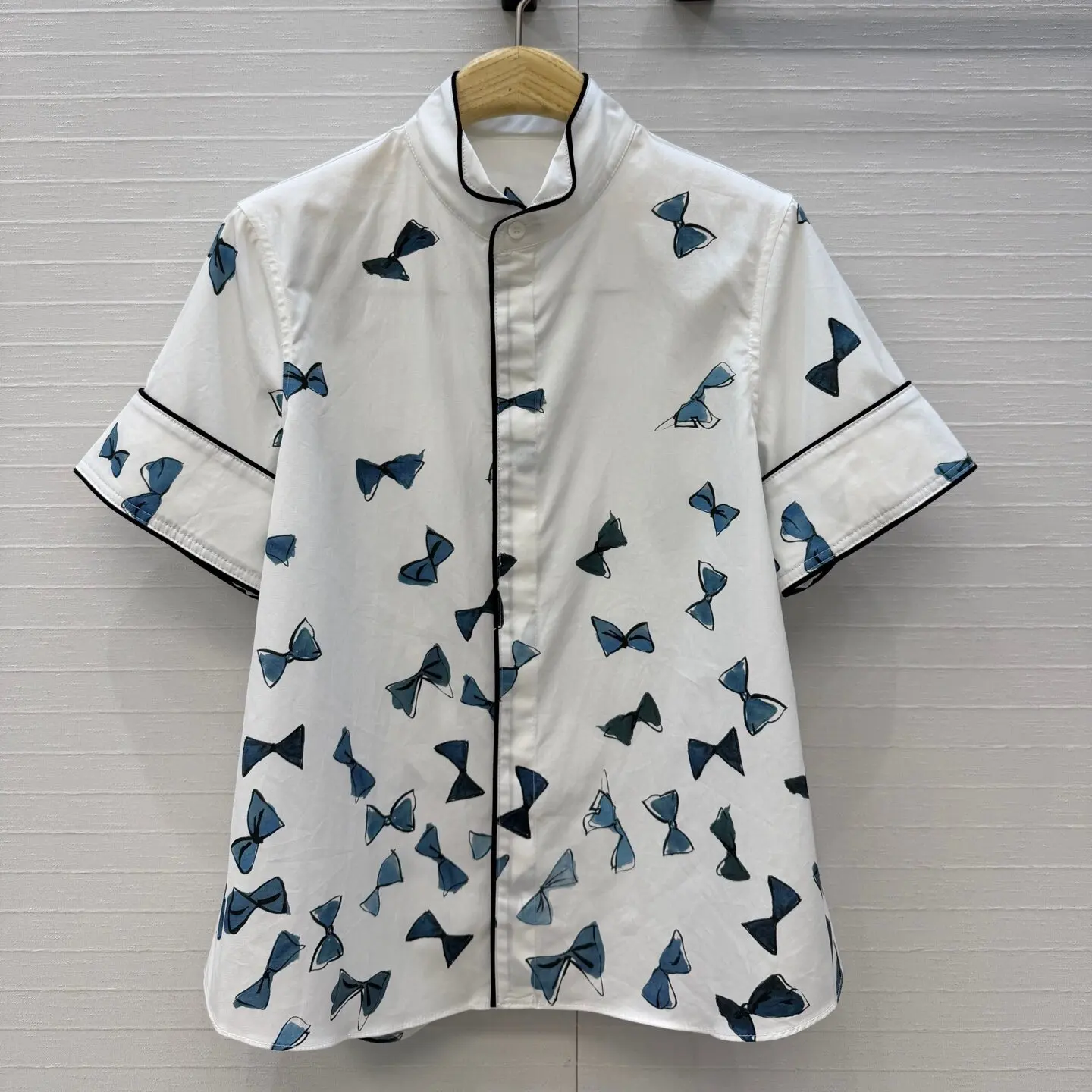 New Imported Cotton Small Fold Collar Black Rolling Edge Blue Bow Printed High Waist Short Sleeve Shirt Top For Women