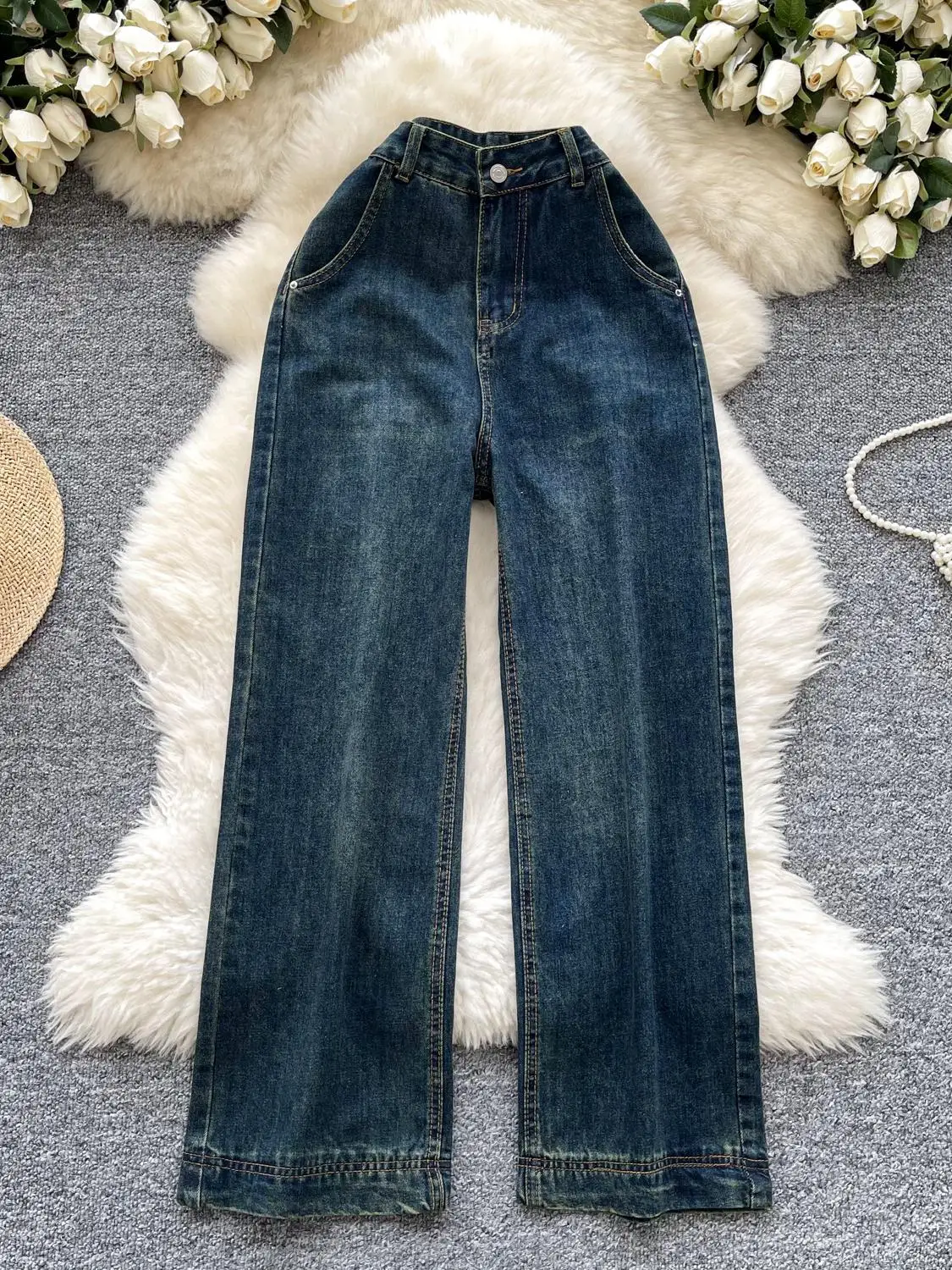 

Korean Faion High Waist Straight Leg Jeans 2024 New Vintage Waed Loose Wide Leg Pants Women's Premium Denim Trousers