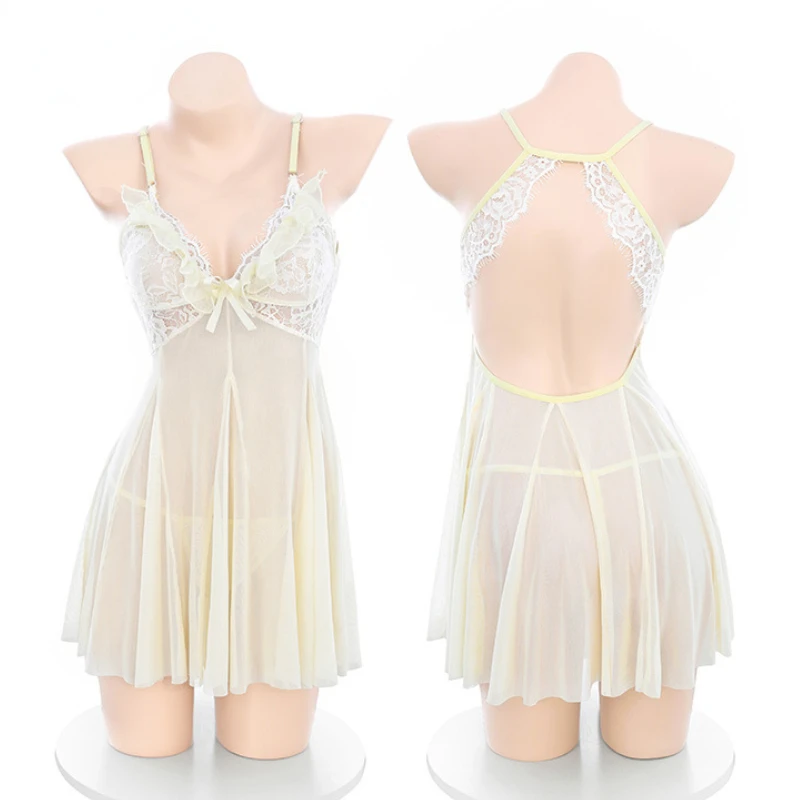 

Lace Fuffle Deep V See-through Nightdress Sexy Women Underwear See Through Backless Nightgown Mesh Lingerie Sleepwear Girl