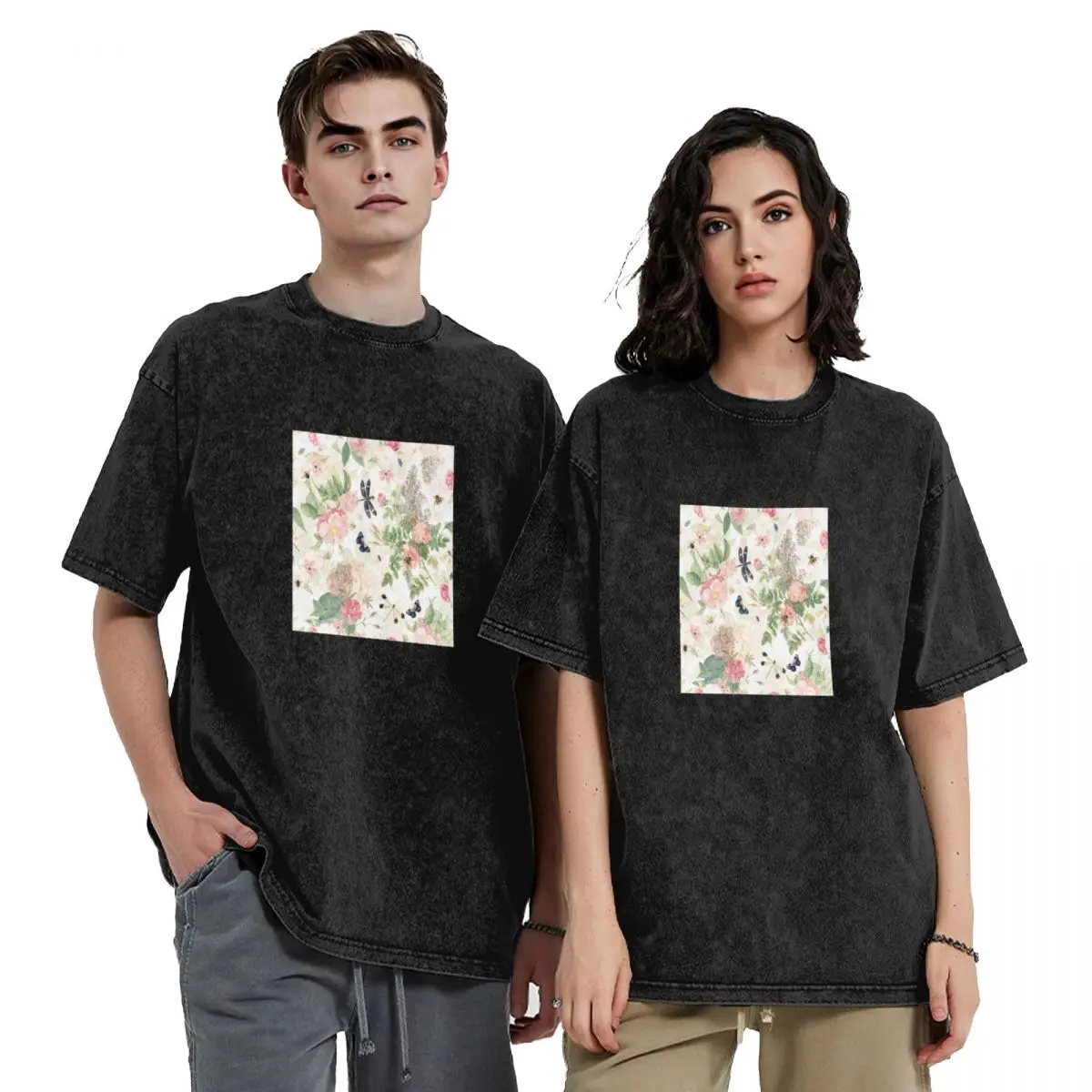 

UtART - Vintage Roses Spring Flower And Early Insects Botanical Garden Pattern - Sepia Blush Cream white Nightgarden T-Shirt