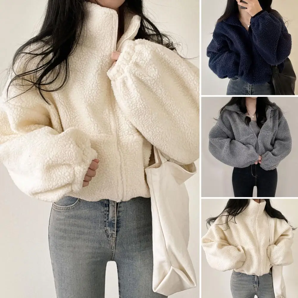 Women Short Lamb Wool Jacket 2024 Autumn Winter Thicken Warm Plush Coat Female Fashion Zipper Stand Collar Outerwear Jacket