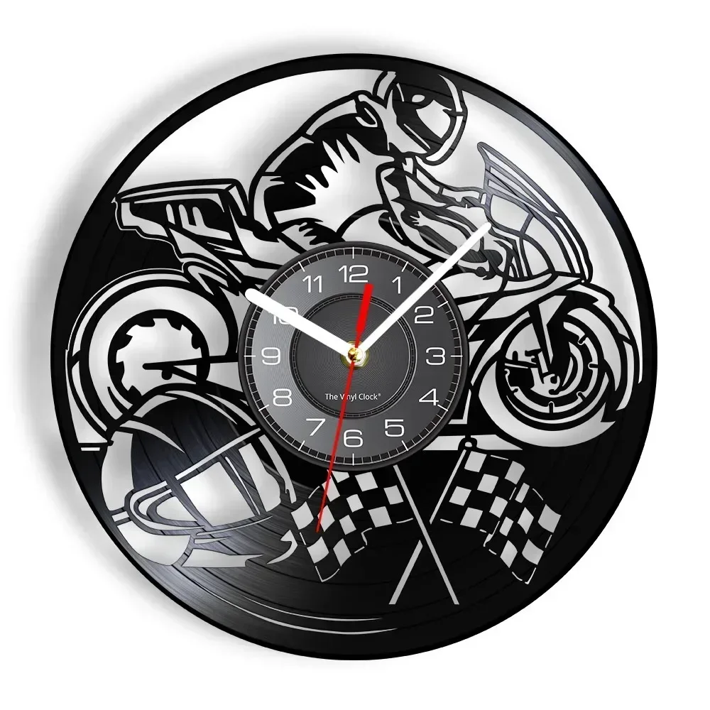 Motorcycle Racing Vinyl Record Wall Clock Motorcycle Racing Driver Retro Home Decoration Art Silent Wall Watch Knight Gift