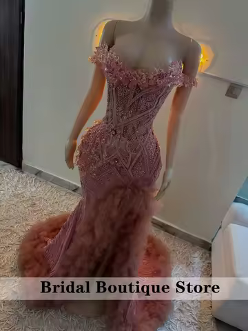 Amazing Pink Off The Shoulder Prom Dress Diamonds Gems Ruffles Tulle Mermaid Evening Gowns Formal Party Dress Customized