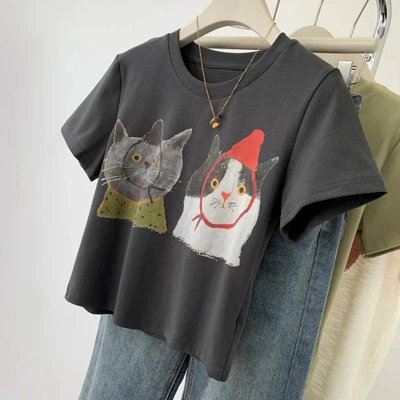 Women's Cat Print Crop Top T-Shirt - Short Sleeve