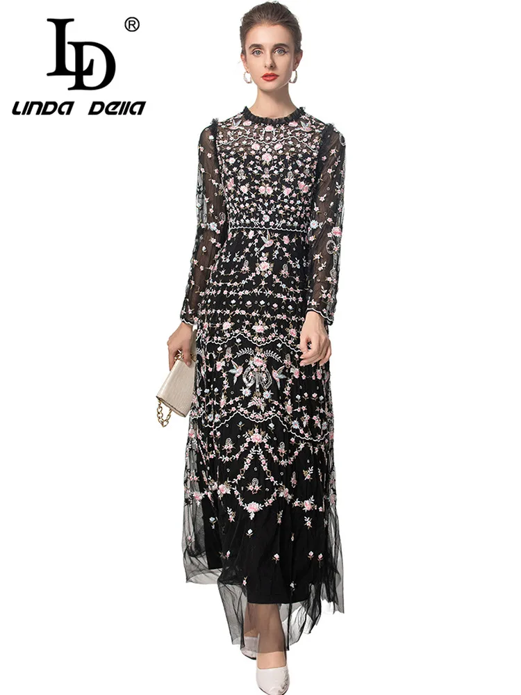 LD LINDA DELLA Mesh Embroidery Vintage Party Ball Gown Dress Autumn Women's Long Sleeved High waist Evening Dresses