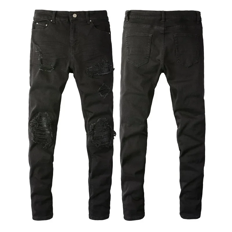 Korean Fashion Men's Black Jeans, 2024 New Style Street Fashion Brand Ripped Slim Fit Elastic Patchwork Men's Jeans