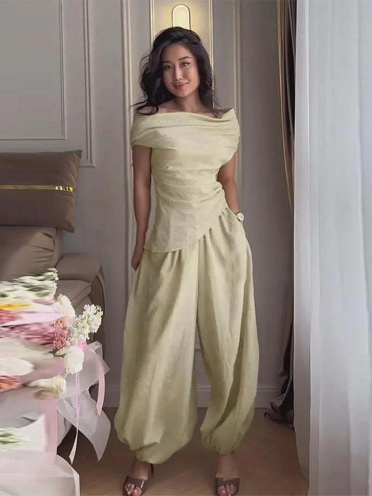 Lässiges Damen-Set mit Allround-Hose, Einfarbiges Kurzarm-Oberteil mit Schulterausschnitt und Beinbündchen-Hose, 2-teiliges Outfit für Frühling/Sommer 2026