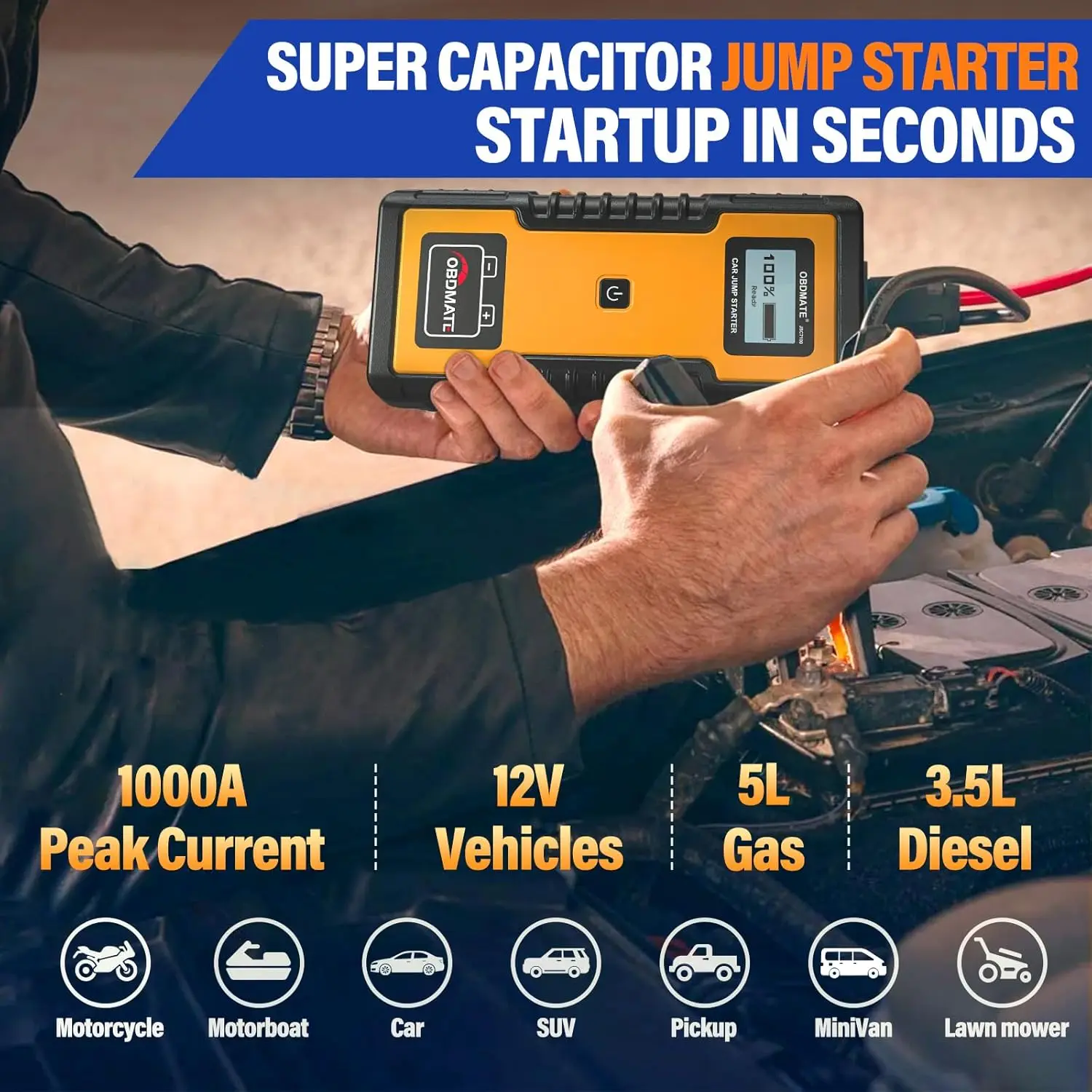 سيارة جمب ستارتر 1000 أمبير، مكثف فائق 12 فولت محمول لمحركات الغاز، أصفر