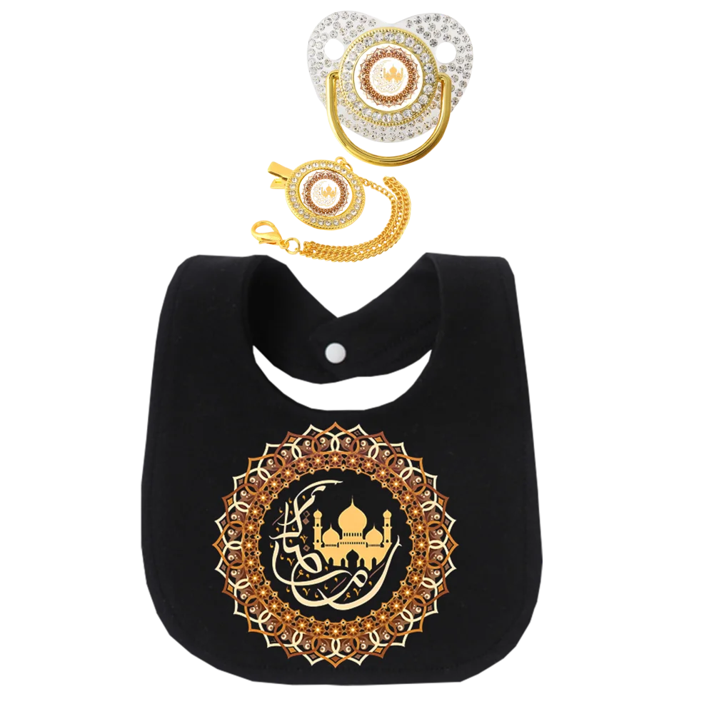 Muslim Print Newborn Bib Bandana Drool Bib with Pacifier Nipple Clip Holder Strap Soother Silicone Cute 0-12 Months Gift