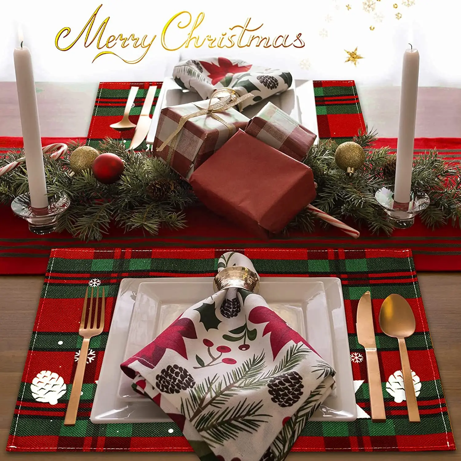 

Christmas-themed Placemats,Coasters&Tablecloths-Heat-Insulation for Kitchen,Anti-Scald Table Mats,Western Napkins for Party