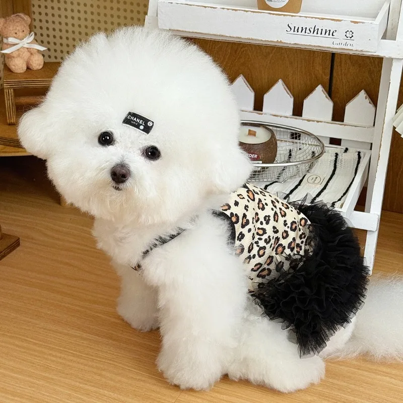 Summer Dog Dress with Leopard Print Net Pet Clothes for Dachshund Pomeranian Siamese Cat Maltese Dog Polyester Pet Dresses