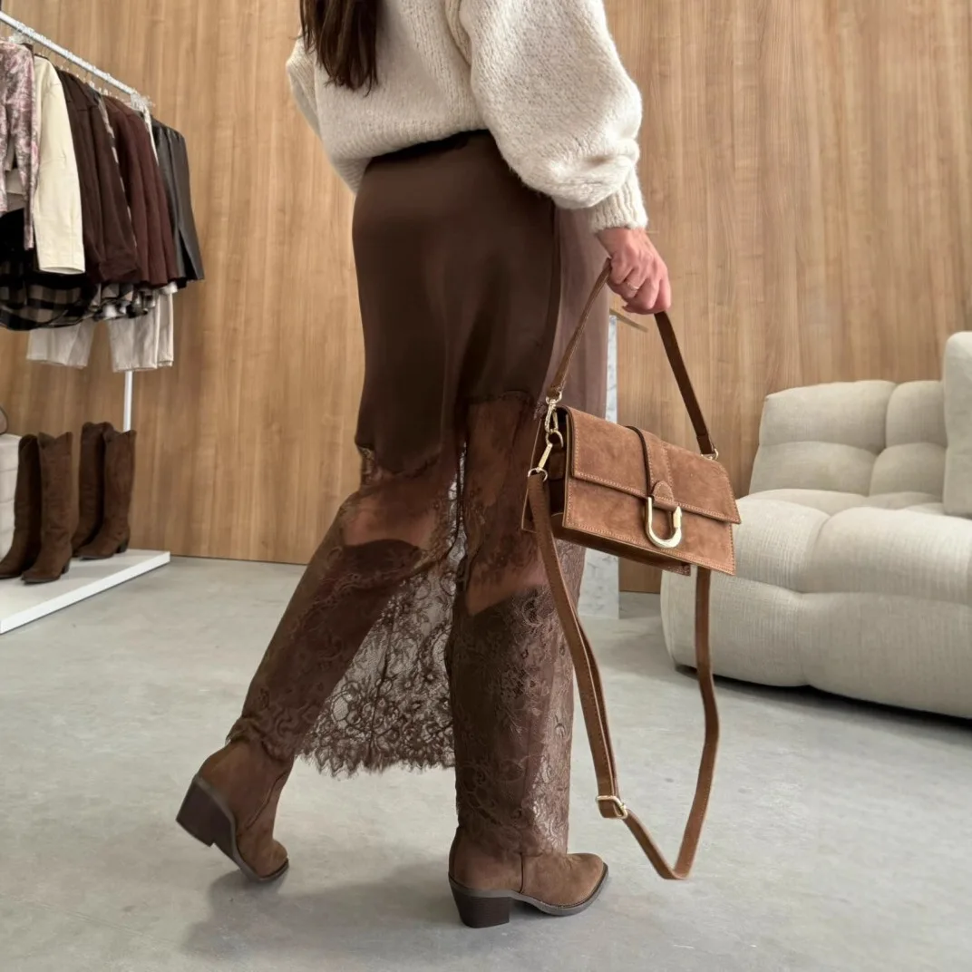 Women Elegant Patchwork Lace Skirts Fashion Cinched Waist Hollow Out Maxi Skirts 2025 Lady Brown Evening Party Sexy Club Skirts