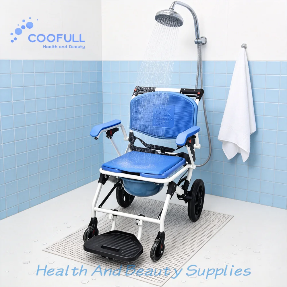 Coolfull Shower Chair with Footrest Handbrake, Anti-Tip for Bedroom Foldable Commode Toilet Chair with Wheels for Elderly