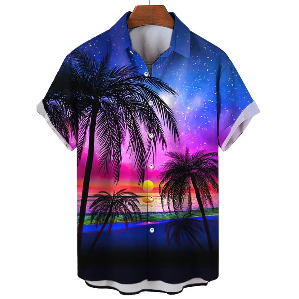 Summer Hawaiian shirt beach men\'s shirt coconut tree print blouse oversized men\'s clothing unisex casual short sleeved shirts XL