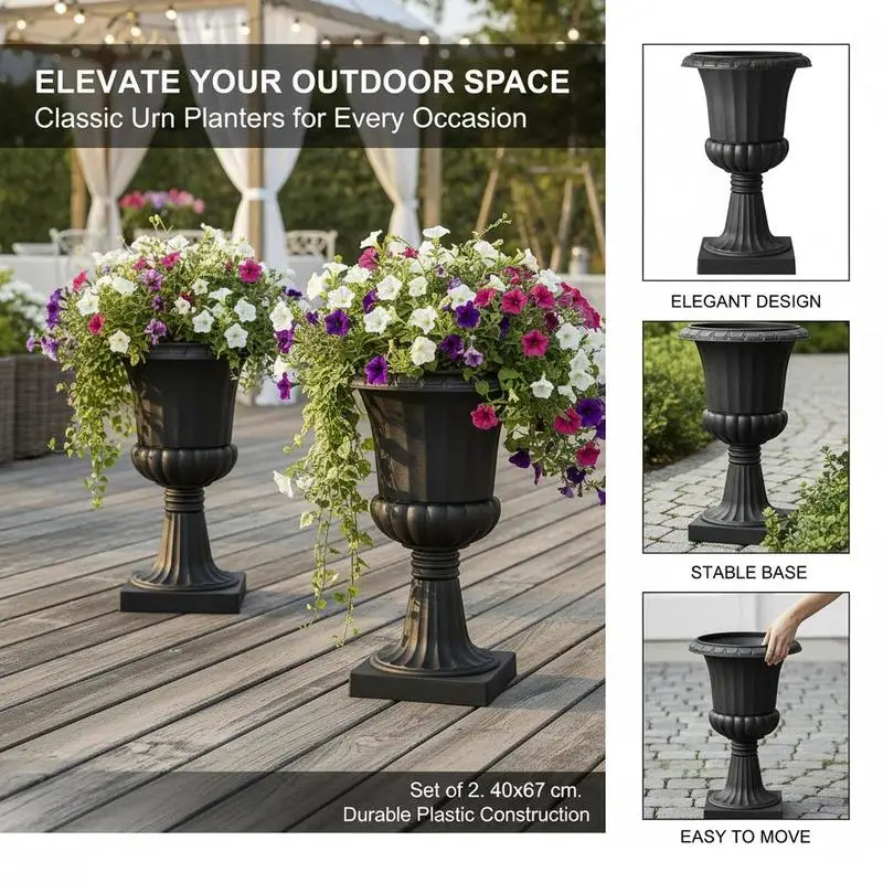Decorative Column Vases 15.8 x 26.4 Inch For Front Porch Balcony Patio, 2 Pack Classic Flower Pots Tall Pedestal Design Black Molded Resin Construction Traditional Ribbed Texture Outdoor Indoor Ornamental Containers - view 6