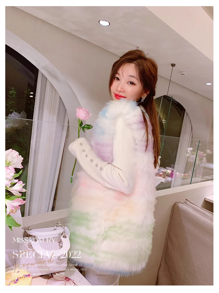 French Sweet Candy Rainbow Faux Fur Soft Comfortable Sleeveless Charming Exquisite Fashionable Dating Cute Warm Plush Vest Coat