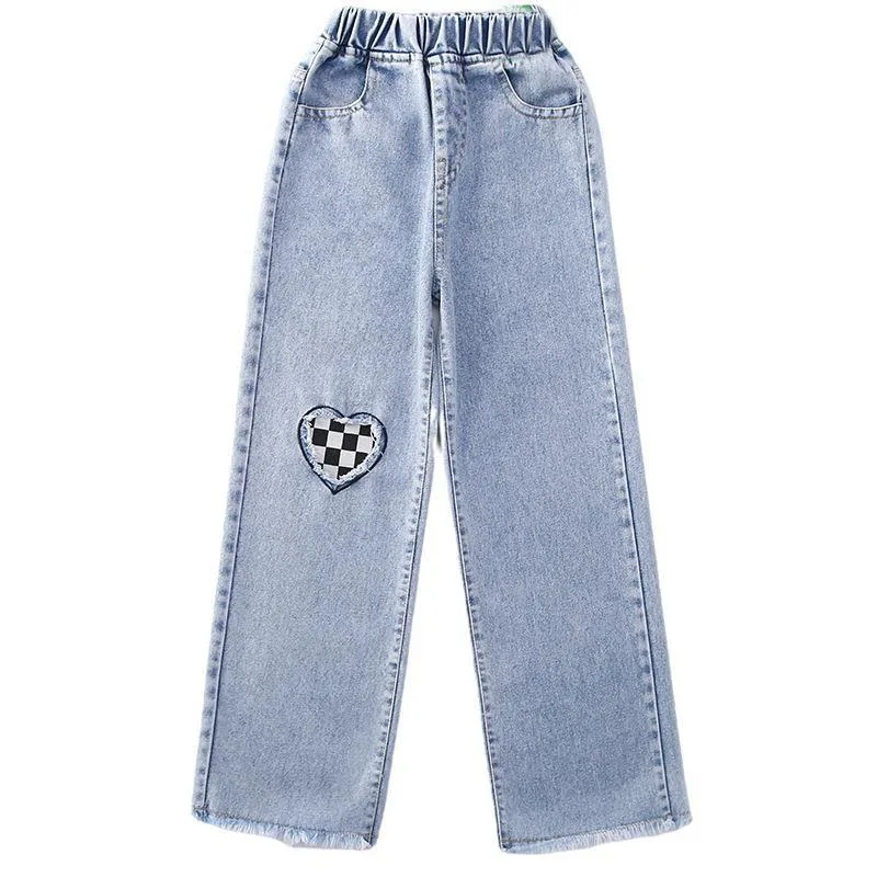 New Girls Jeans Spring Autumn Loose Straight Wide Leg Pants Kids Trousers Jeans for Children 8 10 12 Years Elastic Waist Pants