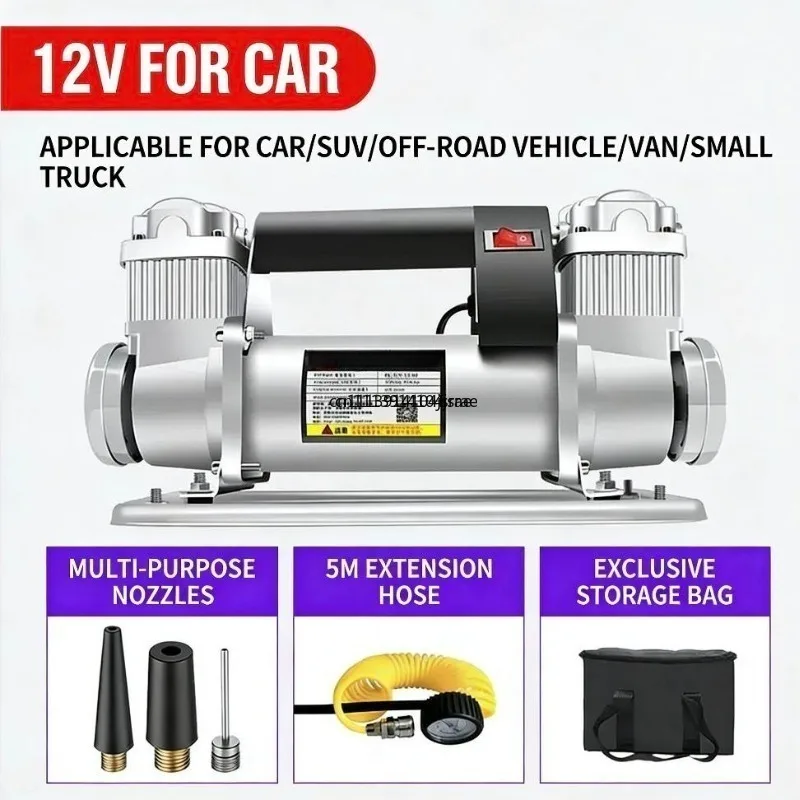 Double Cylinder Car Air Pump, 480W High Pressure Air Compressor, Portable Tire Inflator for Off-road Vehicle, SUV and Truck