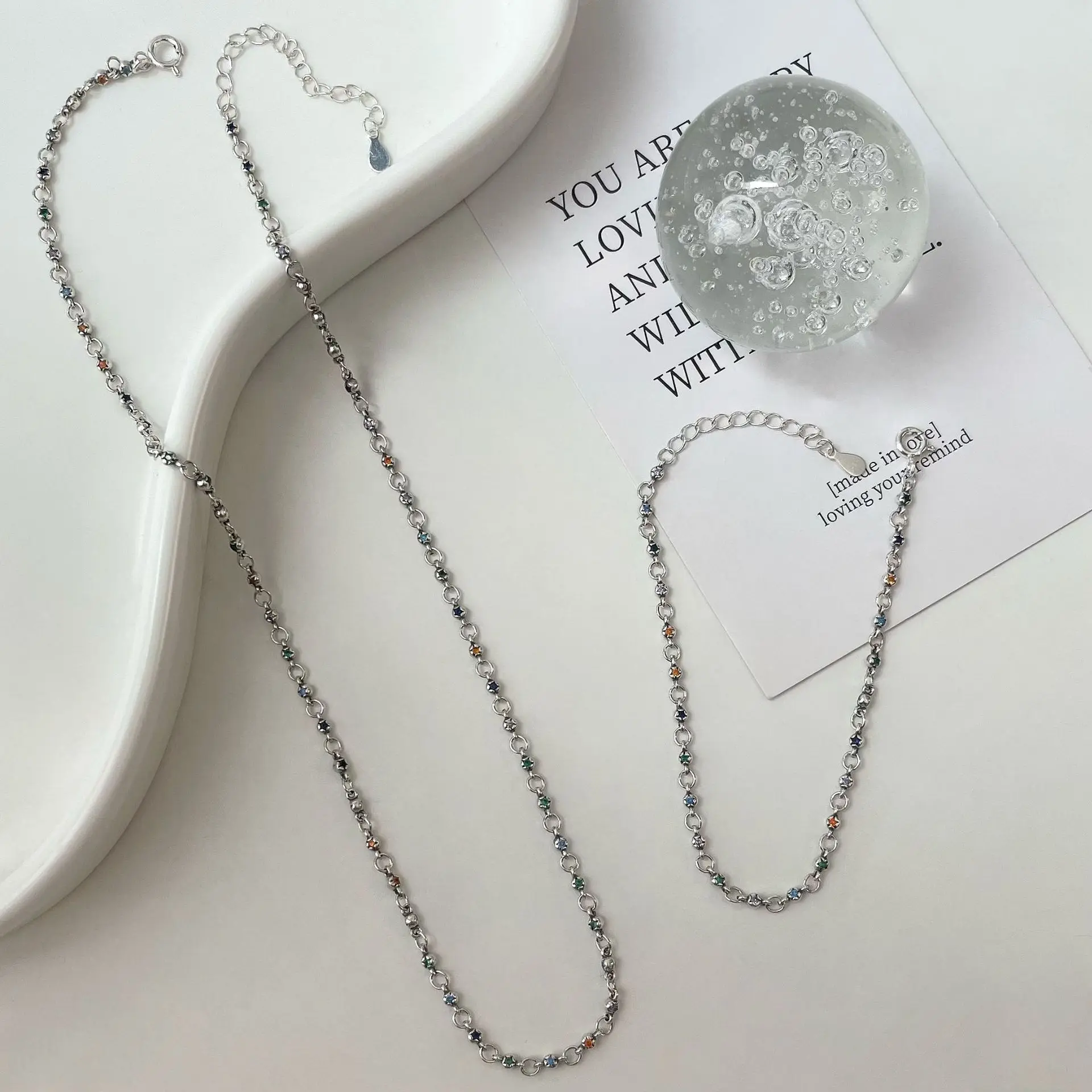 

Korean version s925 pure silver colored zircon pentagonal star bracelet necklace for women's light luxury collarbone chain