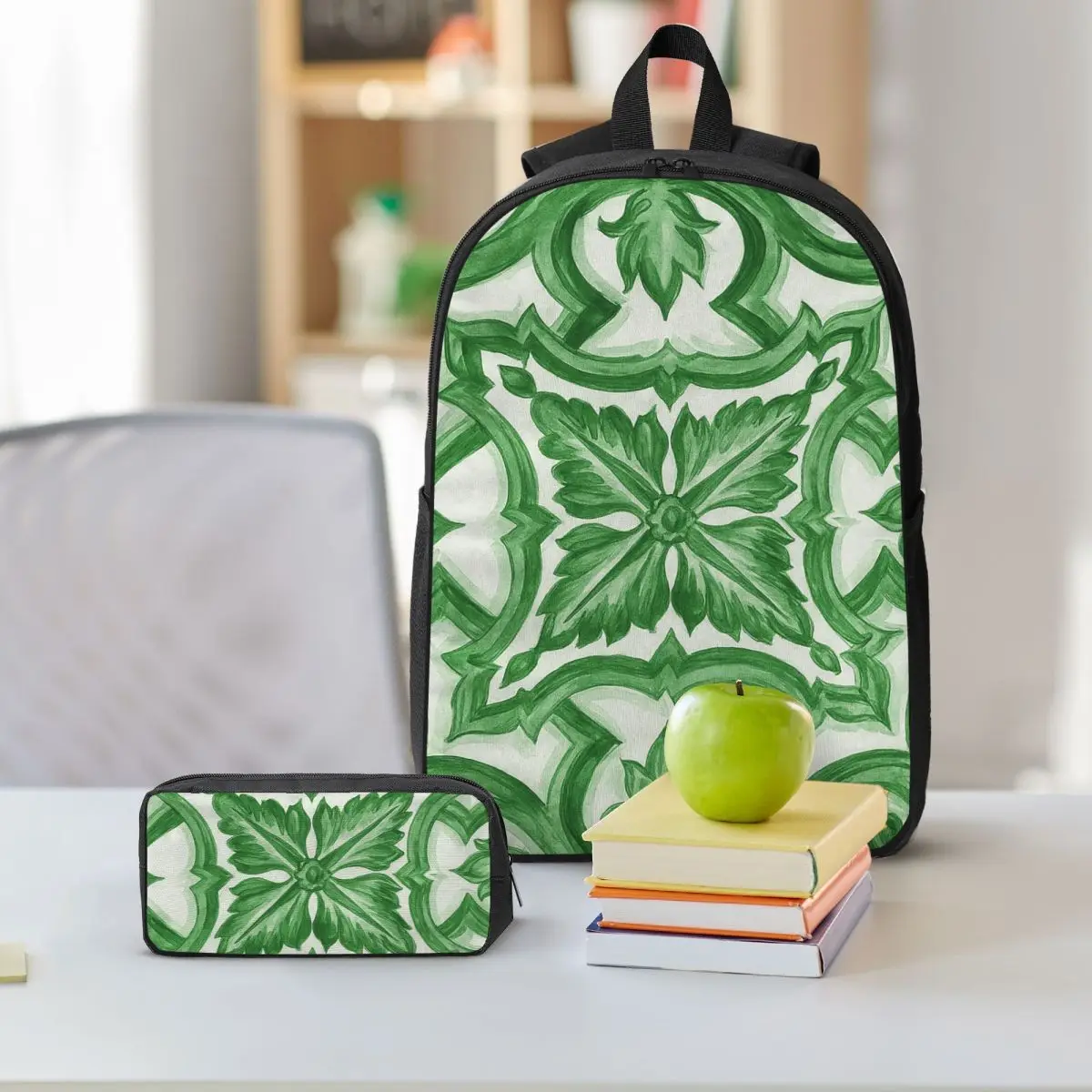Green Ornate Floral Mediterranean Sicilian Tile Backpack BookBag School Bag Shoulder Bags 3ps Insulated Lunch Bag Pencil Case