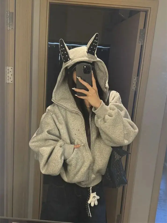 American Sle Ear Hooded Zipper Cardigan Sweatshirt Bla ort Thiened Fce Oberbekleidung für Damen Frühling 2026