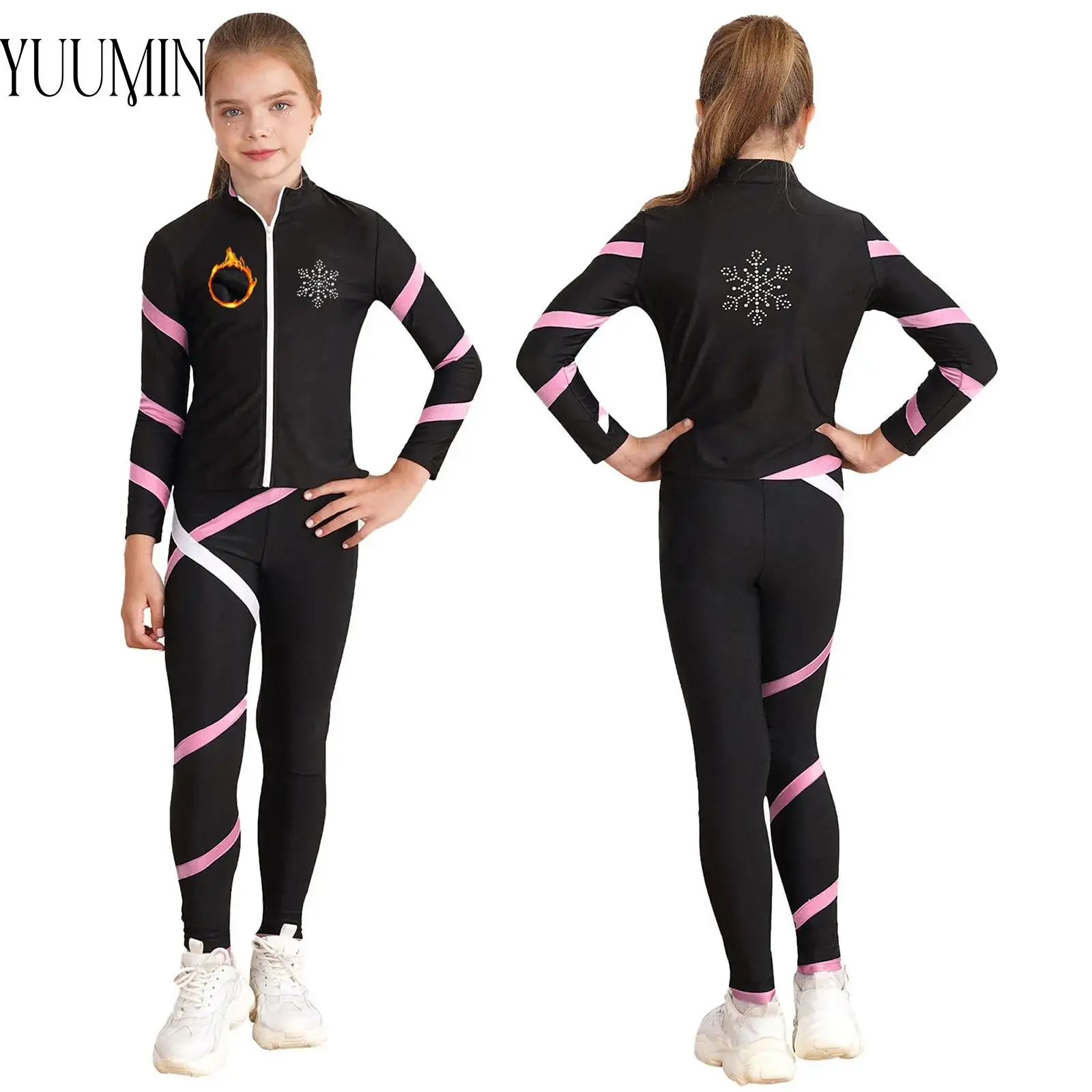 Child Girls Color Block Sports Set Long Sleeve Fleece-Lined Jacket+Leggings for Figure Skating Gymnastics Dance Workout Costume