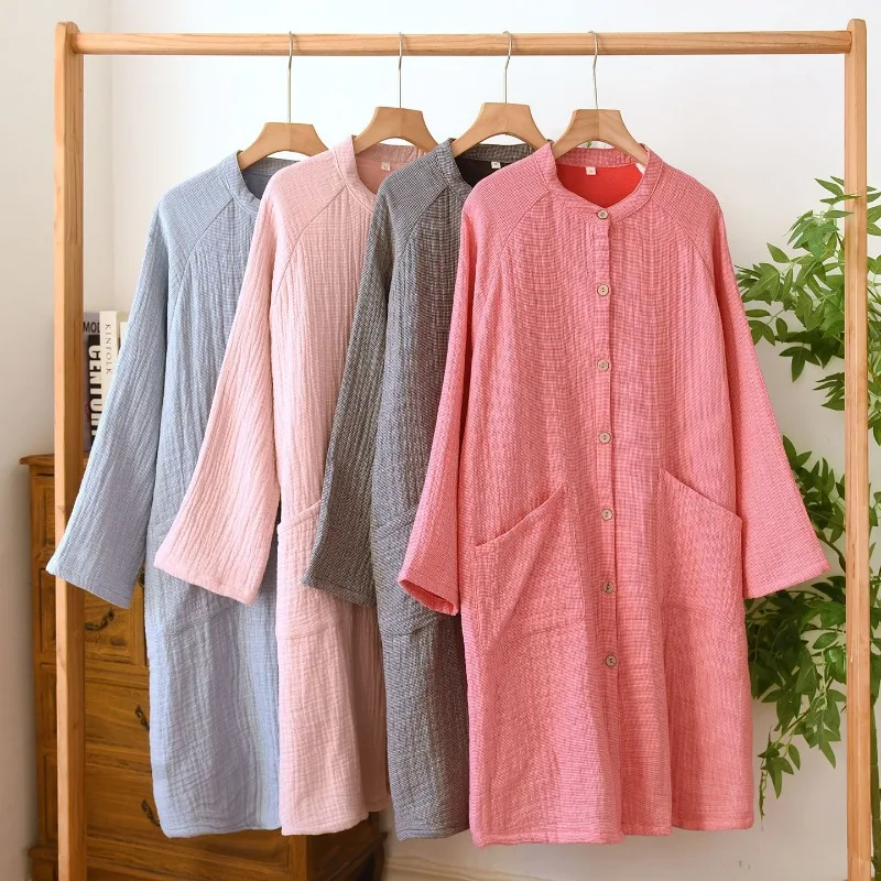 

Женский домашний халат из чистого хлопка, четырехслойный, из марли, ультрамягкий, дышащий, миди, на все сезоны, с воротником-стойкой, кардиган