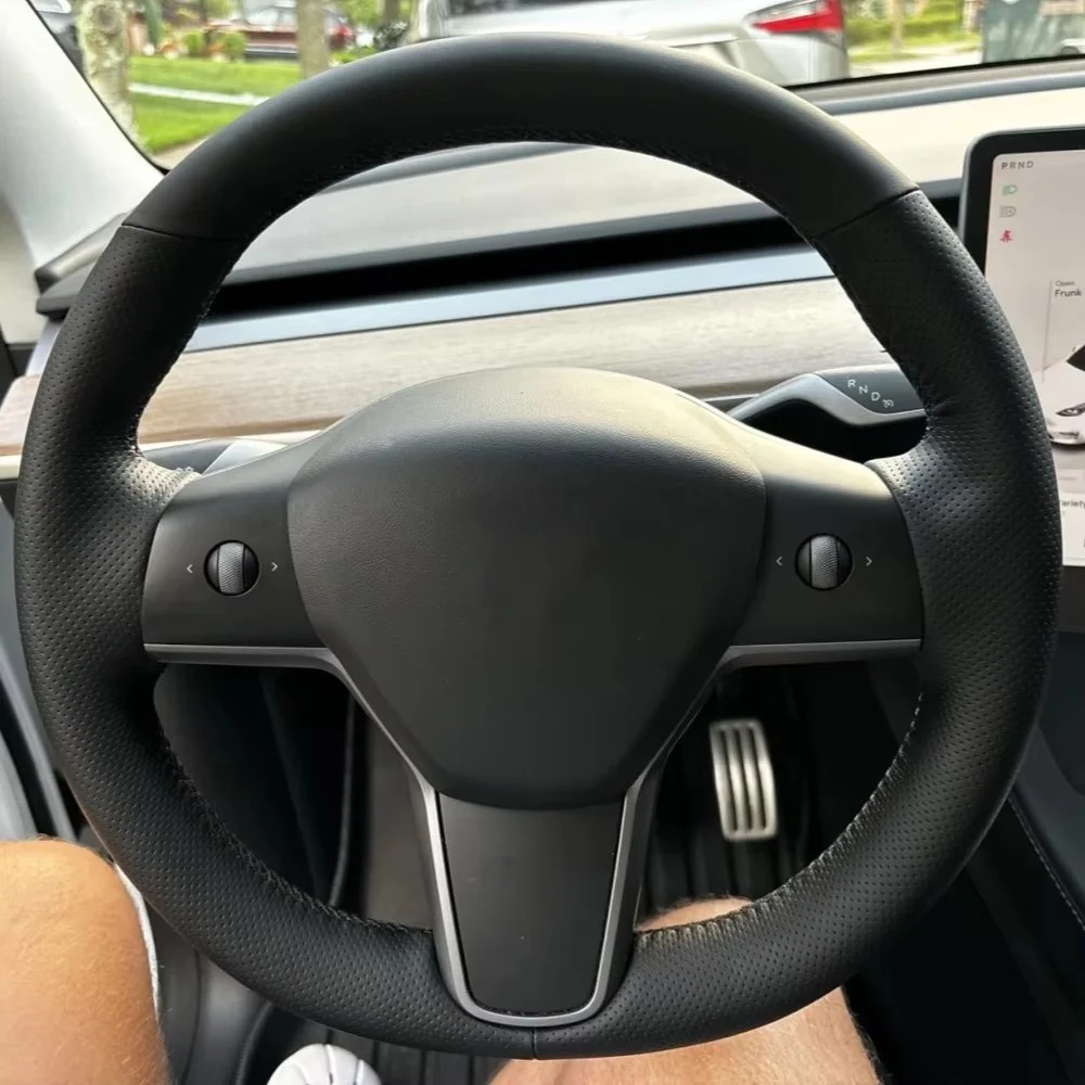 Hand Sewn Steering Wheel Cover On Wrap For Tesla Model 3 Model Y Non-Slip Breathable Microfiber Leather Car Interior Accessories