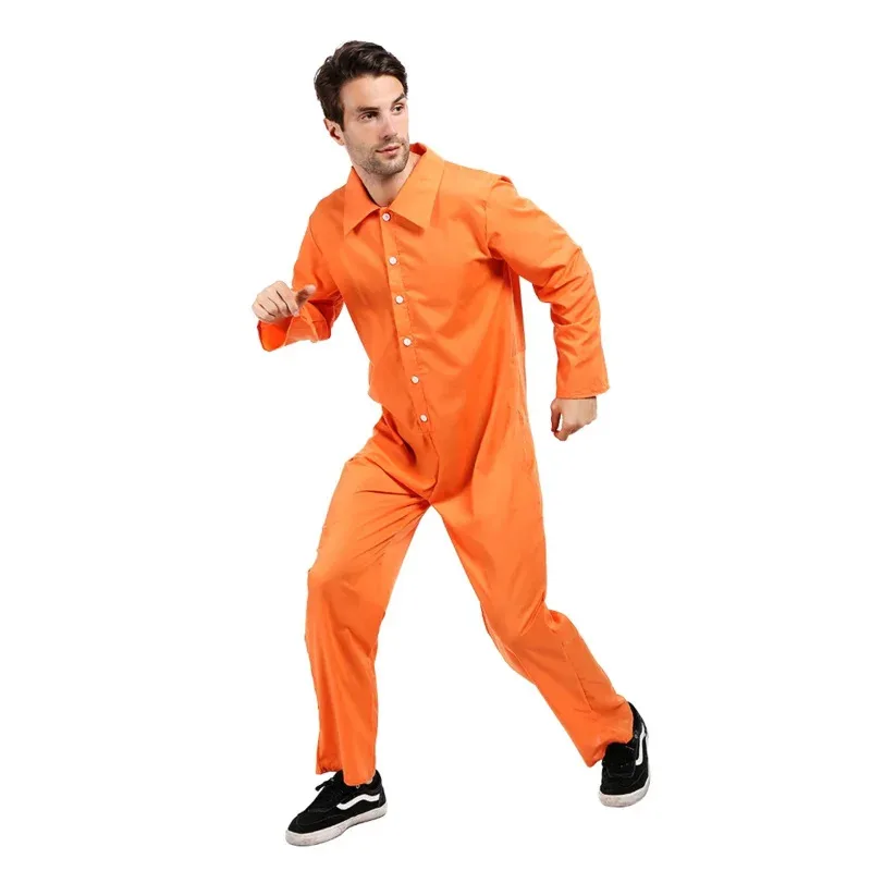 

NewMen's Prisoner Jumpsuit Cosplay Halloween Costume For Adult Orange Criminal Jailbird Inmate Shirt Carnival Outfit UN20382025