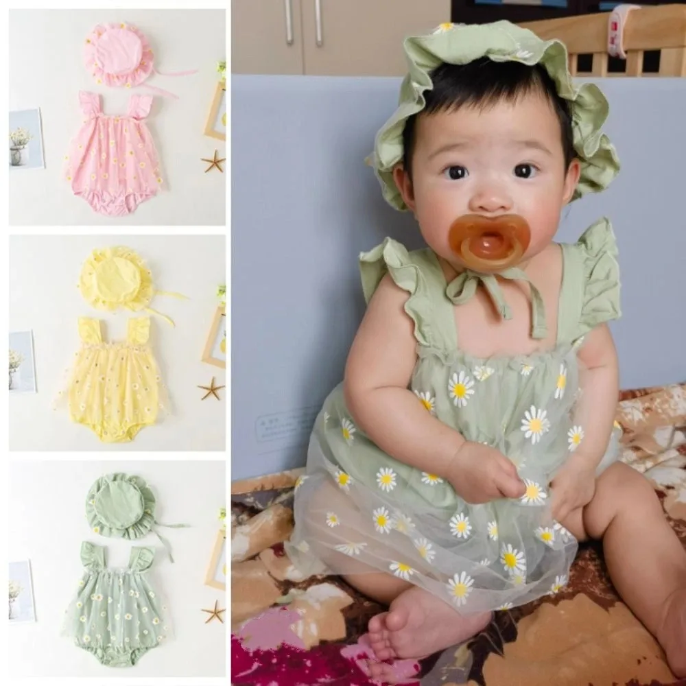 Mesh Flower Baby Princess Dress with Hat Loose Sleeveless Baby Climbing Suit Infant Romper Sweet Thin Toddle Jumpsuits