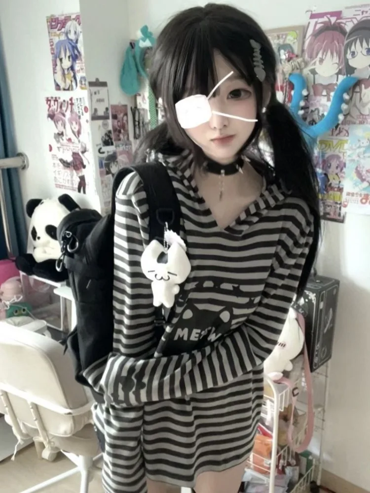 Japanese Sweet Cute Y2k Harajuku Hoodie Anime Cartoon Print Hooded Tops Loose Striped T-shirt Long Sleeve Streetwear Women Trend