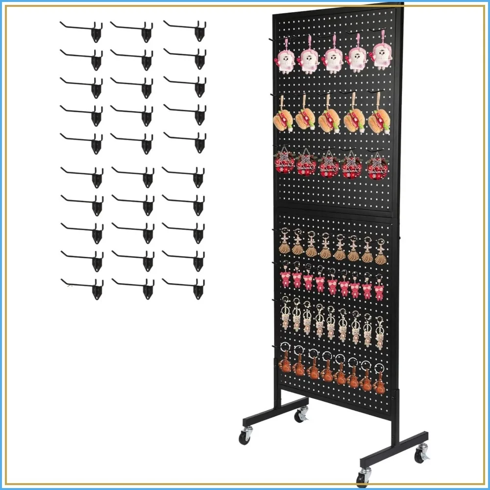 Metal Pegboard Display Stand 2'x5' with 30 Hooks, Black, Rolling Rack for Retail & Craft Shows