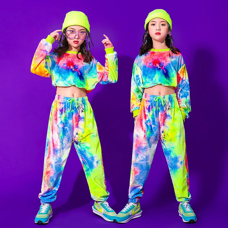 

Kid Kpop Hip Hop Clothing Tie Dye Crop Top Long Sleeve T Shirt Streetwear Jogger Sweat Pants for Girl Jazz Dance Costume Clothes