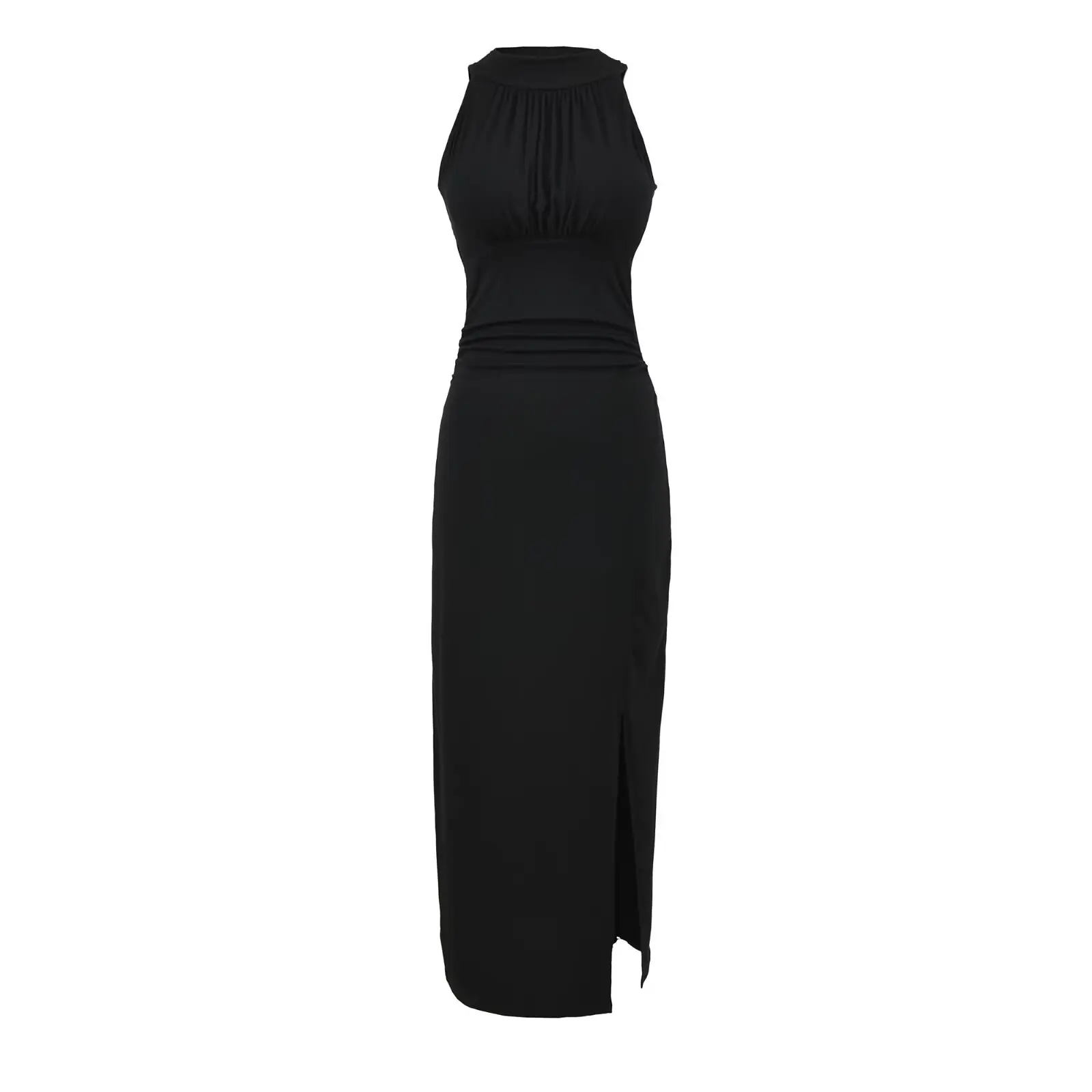 Damen-Midikleid mit O-Ausschnitt, ärmellos, geteilt, 5-farbig, elastisch, schmal, gerüscht