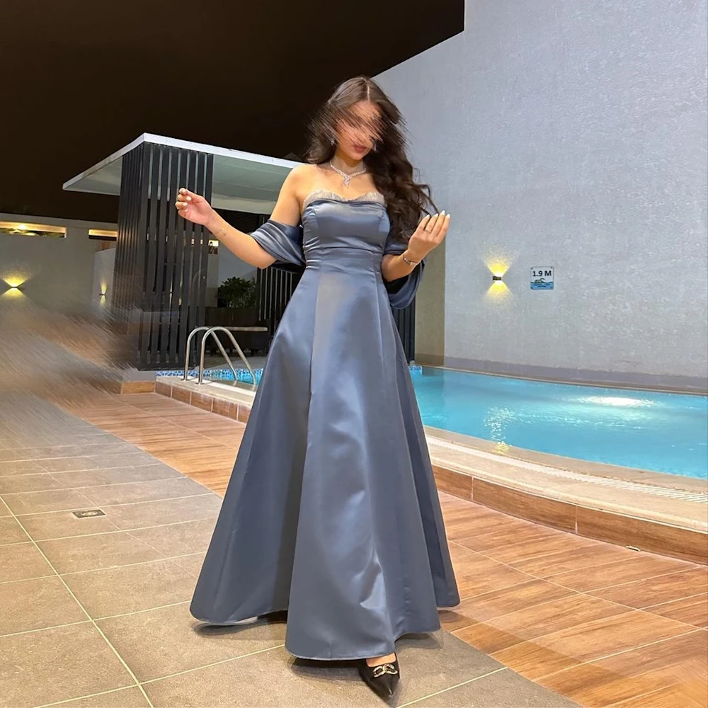 

Muloong Blue Off Shoulder Evening Dresses Elegant Back Bow Prom Gowns Ankle Length Sequin Formal Occasion Dress Vestidos